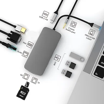 10 в 1 USB-концентратор Type C C USB3.0 5 Гбит/с HDMI 4K VGA RJ45 100 Мбит/с PD Порт SD/TF Кардридер Aux Конвертер для Ноутбука