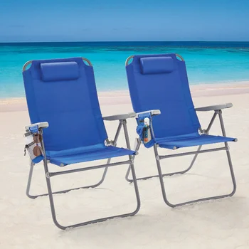 2 комплекта опор, Откидывающийся 4-позиционный пляжный стул большого размера, синяя садовая мебель, садовая скамейка
