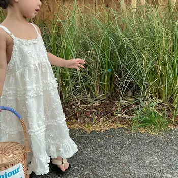 2023 Детская летняя юбка-слинг Со Стереоскопической вышивкой для девочек, Юбка Принцессы с цветочным рисунком для малышей, Детское платье-жилет без рукавов