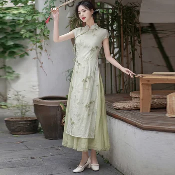 2023 китайское платье, традиционное винтажное платье ципао, женское льняное платье, шифоновое платье ципао чонсам с цветочным принтом, элегантное вечернее платье