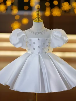 2023 Платья для элегантных вечеринок для девочек, Детское атласное белое платье с бисером для Крещения, бальное платье для девочек с цветами для свадеб