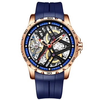 AILANG Новые Мужские Роскошные модные часы с синим силиконовым ремешком, Мужские часы С Автоматическим полым дизайном, Водонепроницаемые спортивные механические часы