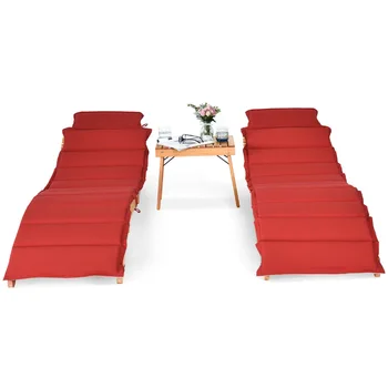 Gymax, 3 шт., Уличный складной Стул, эвкалиптовый шезлонг и стол, набор с двусторонней подушкой