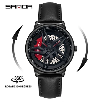 SANDA P1062 Оригинальные Кожаные 3D часы Rim Watch Hub Индивидуальный Дизайн Спортивные Водонепроницаемые Креативные Мужские Часы Мужские Наручные часы с Колесом