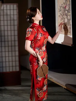 Yourqipao Летнее Длинное Шелковое Ципао для Подиума, Красное Банкетное Ципао в Традиционном Китайском Стиле, Вечернее Свадебное Платье для Женщин, Вечеринка
