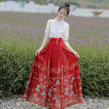 Yourqipao, юбка с лошадиным лицом династии Мин, Традиционный китайский женский комплект с рукавами-самолетами Hanfu, Элегантные рубашки в стиле ретро, 2 шт./компл.