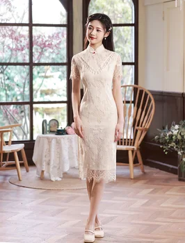 Бежевое Улучшенное Винтажное Элегантное платье Cheongsam с вышивкой 2023, облегающее Традиционное китайское платье Ципао средней Длины с Рукавом-трубой
