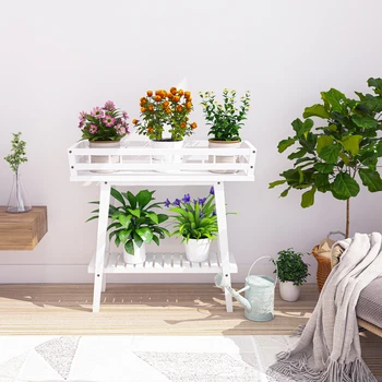 Белая полка для растений в помещении, 2-ярусная Высокая подставка для растений, Стол для нескольких растений, столик для растений на окне