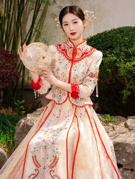 Восточное платье цвета шампанского, Золотое, Ципао, Ретро, с вышивкой бисером, Китайское Традиционное Женское Свадебное платье Чонсам