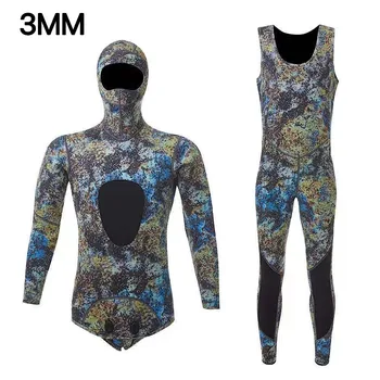 Горячий Камуфляжный костюм для подводного плавания с капюшоном и длинным рукавом, 2 предмета в комплекте, 1,5/3 мм неопреновый костюм для подводного плавания, сохраняющий тепло, водонепроницаемый костюм для подводного плавания