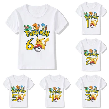 Детская футболка с покемоном, Пикачу, Номер дня рождения 1-12, Кавайная футболка с Аниме Мультфильмами, Повседневная одежда, Футболка, Топы для маленьких Девочек и мальчиков