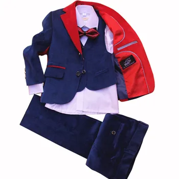Детский торжественный жакет, Свадебный костюм для мальчиков, комплект из 4 предметов, высококачественная куртка + жилет + брюки + галстук-бабочка, вельветовый синий размер 42-56