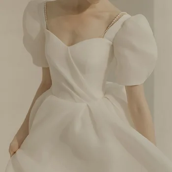 Женские Длинные Свадебные платья с квадратным вырезом, Короткий рукав, Белое атласное французское платье для новобрачных, Vestidos De Novia, Трапециевидное Платье