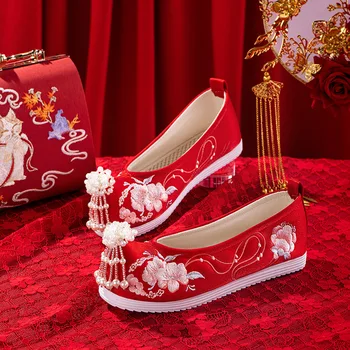 Женские свадебные туфли в китайском стиле с вышивкой, Фея Невесты, Элегантные короткие сапоги в стиле Ретро с жемчужными кисточками, Старый Пекин, Красные тканевые туфли