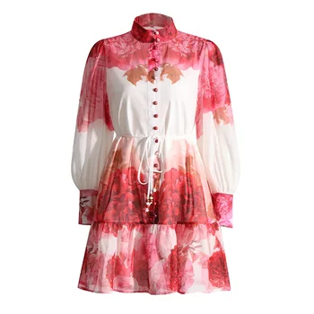 Женское модное летнее мини-платье с воротником-стойкой, однобортным рукавом-фонариком и высокой талией, сшитое из сплайсинга для женщин