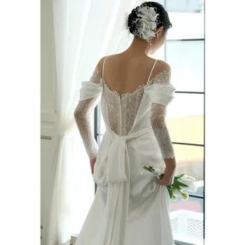 Женское французское простое атласное кружевное свадебное платье с высоким разрезом, элегантное бальное платье на бретельках
