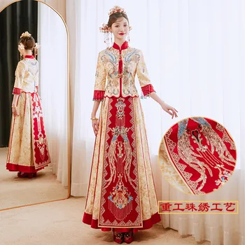 Китайская пара цвета шампанского и золота, Винтажная одежда для тостов, костюм с вышивкой Дракона и Феникса, Свадебное платье