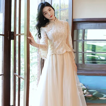 Комплекты из двух предметов, рубашка с вышивкой и юбка в цветочек, Женское Китайское свадебное платье, костюм с воротником-стойкой, Ретро Банкетное платье знаменитостей