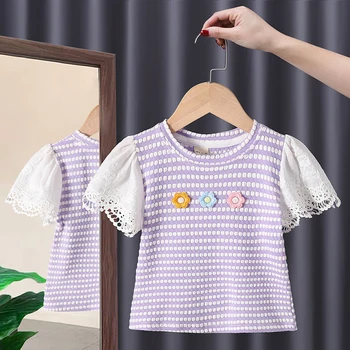 Корейская детская одежда, летние топы с цветами для девочек, хлопковая футболка, кружевная лоскутная футболка с короткими рукавами, женская милая футболка