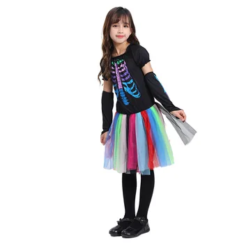 Костюм в стиле панки с костями, платье с разноцветным скелетом, косплей, костюм на Хэллоуин для девочек