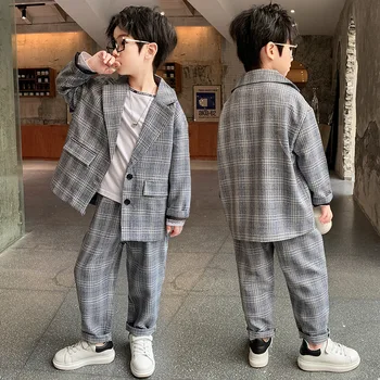 Костюм для мальчиков, большие мальчики 2023, весенне-осенний клетчатый повседневный костюм из двух предметов для мальчиков, Корейская детская одежда, Детская одежда