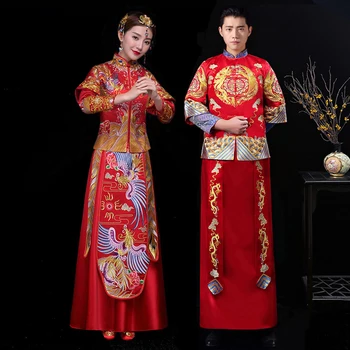 Красное китайское свадебное платье невесты Чонсам в традиционном стиле, вечернее платье с вышивкой, длинное ципао для женщин и мужчин, ципао
