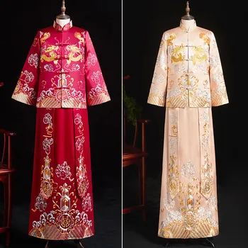Красное свадебное платье для жениха, Винтажное Свободное Платье Чонсам, традиционное китайское свадебное платье, Атласный Костюм Дракона с вышивкой Ципао, Vestidos