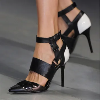 Летние черно-белые кожаные туфли-лодочки в стиле пэчворк с ремешком на щиколотке, женские босоножки на высоком каблуке с толстым ремешком и пряжкой