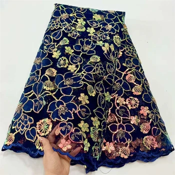Модная Африканская кружевная ткань ручной работы 5 Ярдов 2023, Высококачественные Нигерийские вечерние ткани с вышивкой Блестками, французские бусины HD1750