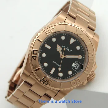 Мужские механические часы Bliger с черным циферблатом 40 мм, Розовое золото, Топ класса Люкс, Сапфировое стекло, Светящийся механизм NH35, Автоматические часы