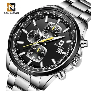 Мужские наручные часы BEN NEVIS, серебро, нержавеющая сталь, дизайн с 3 дополнительными циферблатами, Водонепроницаемые роскошные часы от ведущего бренда, мужские часы