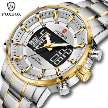 Мужские часы FOXBOX 2022 Спортивные цифровые стальные военные кварцевые наручные часы, Водонепроницаемые часы с двойным дисплеем для мужчин Relogio Masculino + коробка