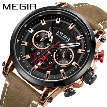 Мужские часы MEGIR от лучшего бренда из роскошной кожи, водонепроницаемые спортивные многофункциональные кварцевые часы с хронографом даты, мужские Relogio Masculino
