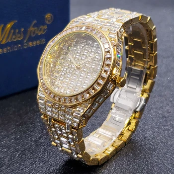 Мужские часы MISSFOX, роскошные брендовые часы с бриллиантами в багетном переплете и золотой пластиной 18 Карат, водонепроницаемые ручные часы, мужские дропшиппинг
