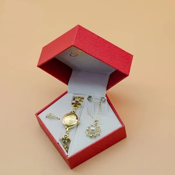 Набор женских часов-браслетов, Ожерелье с золотыми кристаллами, Серьги, кольцо, Женский ювелирный набор, Кварцевые часы для жены, Подарочная коробка для мамы