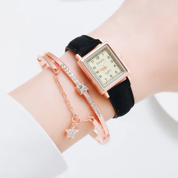 Новое модное женское платье с кожаным ремнем, кварцевые часы с квадратным циферблатом, спортивный повседневный браслет из двух частей, женские часы Relogio Reloj Mujer