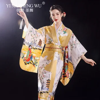 Новое японское кимоно Женское Сексуальное кимоно Юката с Оби Новинка Традиционный японский костюм для косплея Атласный халат с цветочным узором One Size