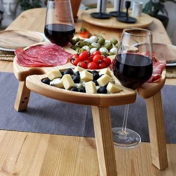 Новый деревянный Складной столик для пикника на открытом воздухе со стеклянным держателем, Круглый складной стол, подставка для бокалов для вина, Складной стол для вечеринки в саду