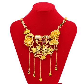 ожерелья с подвесками из чистого желтого золота 24k для женщин, набор Цветов, Цепочка, Золотое ожерелье, Подвеска для Невесты, Свадебная вечеринка, изысканные ювелирные изделия, подарок