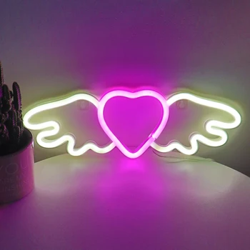 Оптовая продажа, 5 В, Дешевая батарея или USB, сердце с крыльями Ангела, светодиодные неоновые ночные светильники для детской спальни, Декор для стен магазина