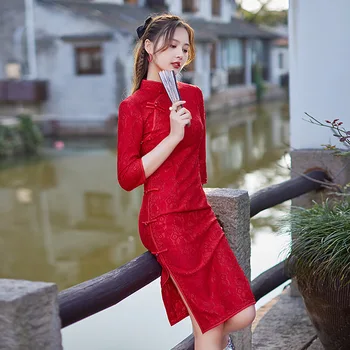 Осень 2022, Кружевное Платье средней длины с рукавом три четверти на Каждый День, Ципао в Китайском Стиле для современных Девушек, Свадебное платье для Женщин