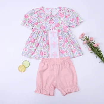 Пасхальный детский комбинезон с короткими рукавами для маленьких девочек, розовый комбинезон с принтом, костюм с вышивкой и круглым вырезом, комплект детской летней одежды
