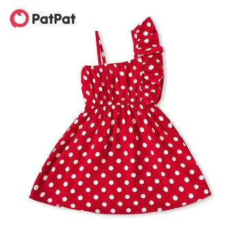 Платье на бретелях в горошек с оборками на одно плечо для маленьких девочек PatPat