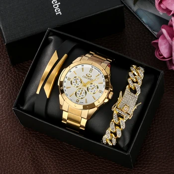 Подарочный набор мужских золотых часов премиум-класса 2023, полностью стальные наручные часы с кварцевым календарем и браслетами для мужчин, подарки на Хэллоуин