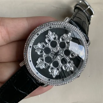 Распродажа 49 мм Необычные Вращающиеся часы в виде Снежинки для женщин, Блестящие кристаллы, наручные часы из натуральной кожи, Кварцевые часы 3ATM
