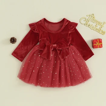 Рождественское платье для девочек с буквенным принтом, длинные рукава, расшитое блестками сетчатое праздничное платье из тюля для малышей, весенняя одежда