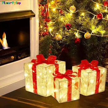Рождественское Светящееся украшение, Подарочная коробка, Орнамент с бантом, Рождественская Осветительная коробка, Наружное освещение, Рождественская вечеринка, Настольное украшение