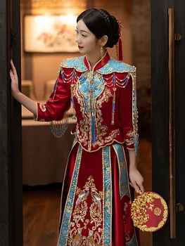 Роскошный Женский костюм с вышивкой из бисера и кисточек в стиле Тан, красное китайское традиционное свадебное платье, Длинное платье Невесты в восточном стиле