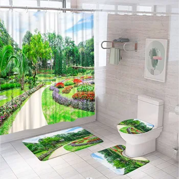 Садовый пейзаж, наборы занавесок для душа в ванной, Весенняя природа, цветы, Тканевый экран, противоскользящий коврик, коврик для ванной, крышка унитаза