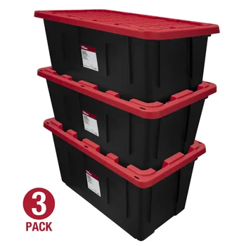 Сверхпрочный пластиковый контейнер для хранения с защелкивающейся крышкой на 40 галлонов, черный с красной крышкой, набор из 3 штук